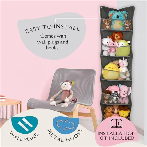 Corner Stuffed Animal Toy Storage Hanging Organizer | 5 Expandable Mesh Net - Picture 6 of 8